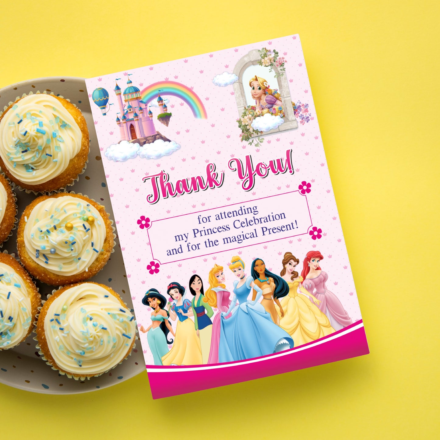 Princess theme thank you cards for birthday party personalized with child name printed on 300GSM artboard India pack of 10 and 20