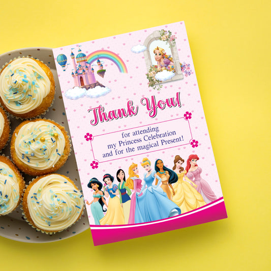 Princess theme thank you cards for birthday party personalized with child name printed on 300GSM artboard India pack of 10 and 20