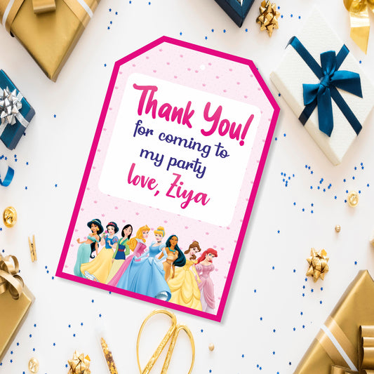 Princess theme thank you tags for birthday return gifts printed on 300GSM artboard personalized with child name India