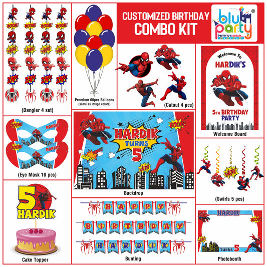 Spider-Man Compact personalised birthday decoration kit showing a blue city skyline with comic bursts and red-and-blue character decorations