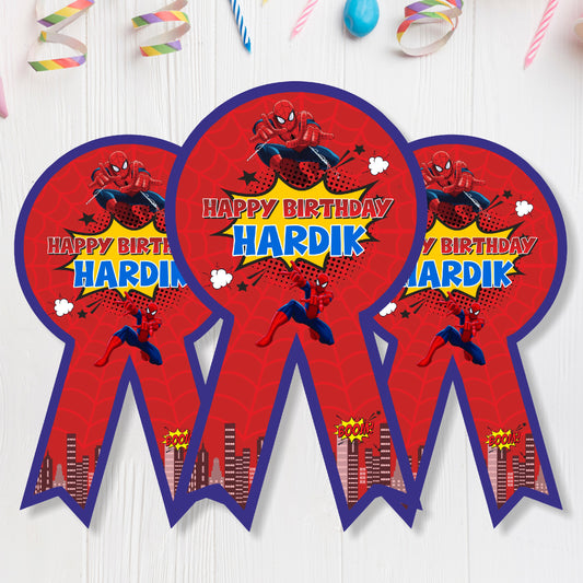 Spider-Man Birthday Badges birthday party badges showing red round badge faces with character artwork and ribbon-shaped tails