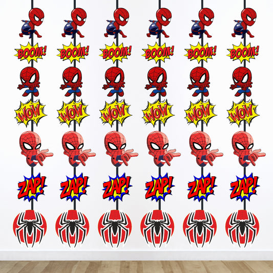 Spider-Man Comic Danglers birthday hanging danglers showing vertical character rows mixed with comic bursts and spider symbols