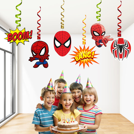 Spider-Man Comic Hanging Swirls hanging birthday swirls showing spiral hangers with mask motifs, spider symbols and comic bursts