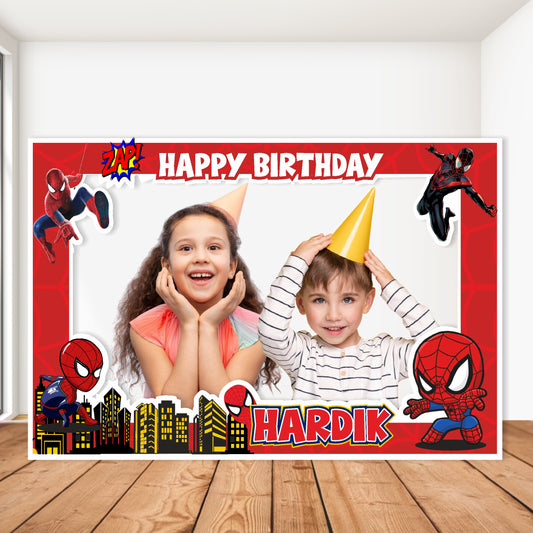 Spider-Man Red Action Photo Frame birthday photo booth frame showing a red landscape photo frame with action characters and a city skyline