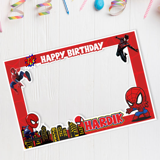 Spider-Man Red Action Photo Frame birthday photo booth frame showing a red landscape photo frame with action characters and a city skyline, gallery image 2