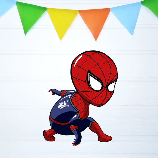 Spider-Man Chibi Crouch BP 16 birthday character cutout showing a large-headed red-and-blue superhero crouching with one arm extended, gallery image 2