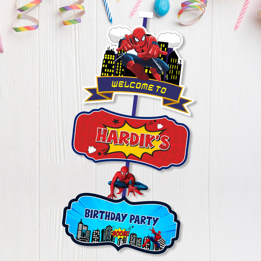 Spider-Man City Door Poster birthday door poster showing stacked welcome, name and birthday panels with character artwork