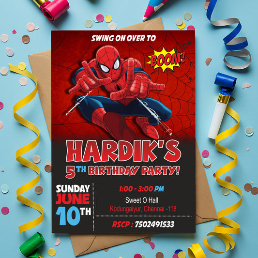 Spider-Man Red Comic Invitations printed birthday invitations showing red character artwork, a city skyline and party information panels