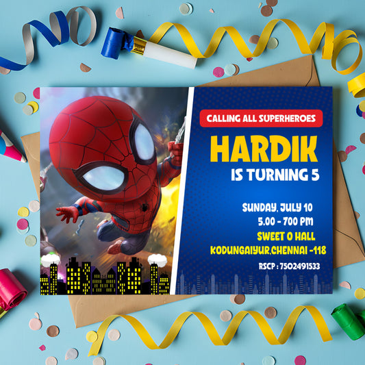 Spider-Man Classic Invitations printed birthday invitations showing a large red superhero mask and a blue-and-yellow party information panel