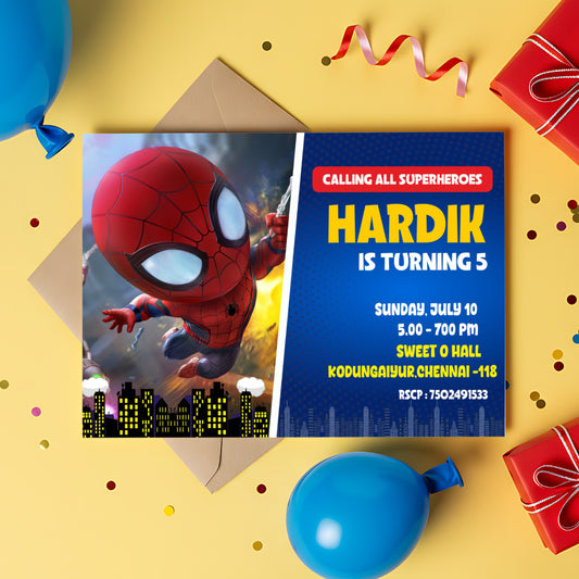 Spider-Man Classic Invitations printed birthday invitations showing a large red superhero mask and a blue-and-yellow party information panel, gallery image 2