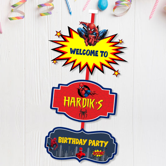 Spider-Man Comic Door Poster birthday door poster showing stacked comic-burst welcome and birthday panels