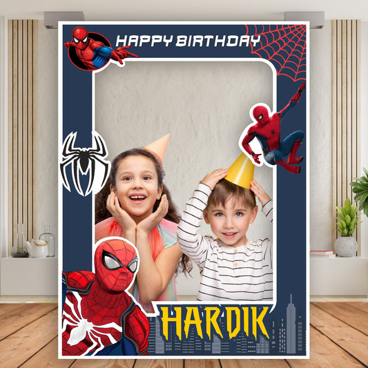 Spider-Man Navy Web Photo Frame birthday photo booth frame showing a navy portrait photo frame with red webs and large character artwork