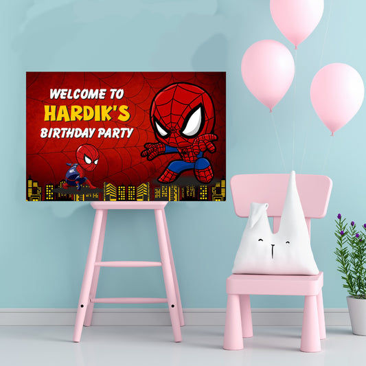 Spider-Man Red Skyline Welcome Board birthday welcome board showing a red landscape welcome panel with a large mask and city silhouette