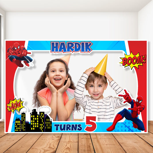 Spider-Man Blue Skyline Photo Frame birthday photo booth frame showing a blue-and-red landscape photo frame with a city skyline and action poses