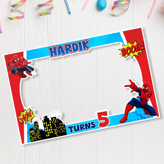 Spider-Man Blue Skyline Photo Frame birthday photo booth frame showing a blue-and-red landscape photo frame with a city skyline and action poses, gallery image 2