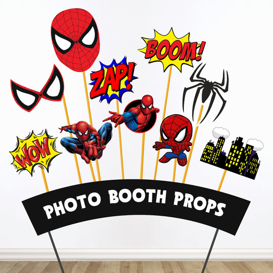 Spider-Man Photo Props birthday photo booth props showing mask shapes, comic-word bursts, character silhouettes and skyline pieces