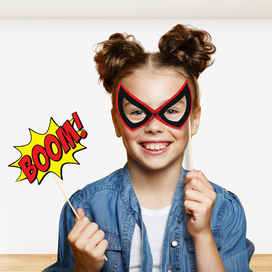 Spider-Man Photo Props birthday photo booth props showing mask shapes, comic-word bursts, character silhouettes and skyline pieces, gallery image 2