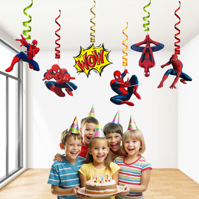 Spider-Man Action Hanging Swirls hanging birthday swirls showing spiral hangers with red-and-blue character poses