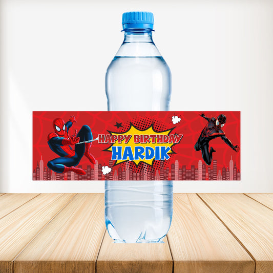 Spider-Man Bottle Stickers water bottle stickers showing a red rectangular bottle label with character artwork and birthday lettering