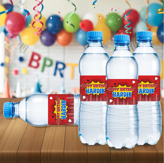 Spider-Man Bottle Stickers water bottle stickers showing a red rectangular bottle label with character artwork and birthday lettering, gallery image 2