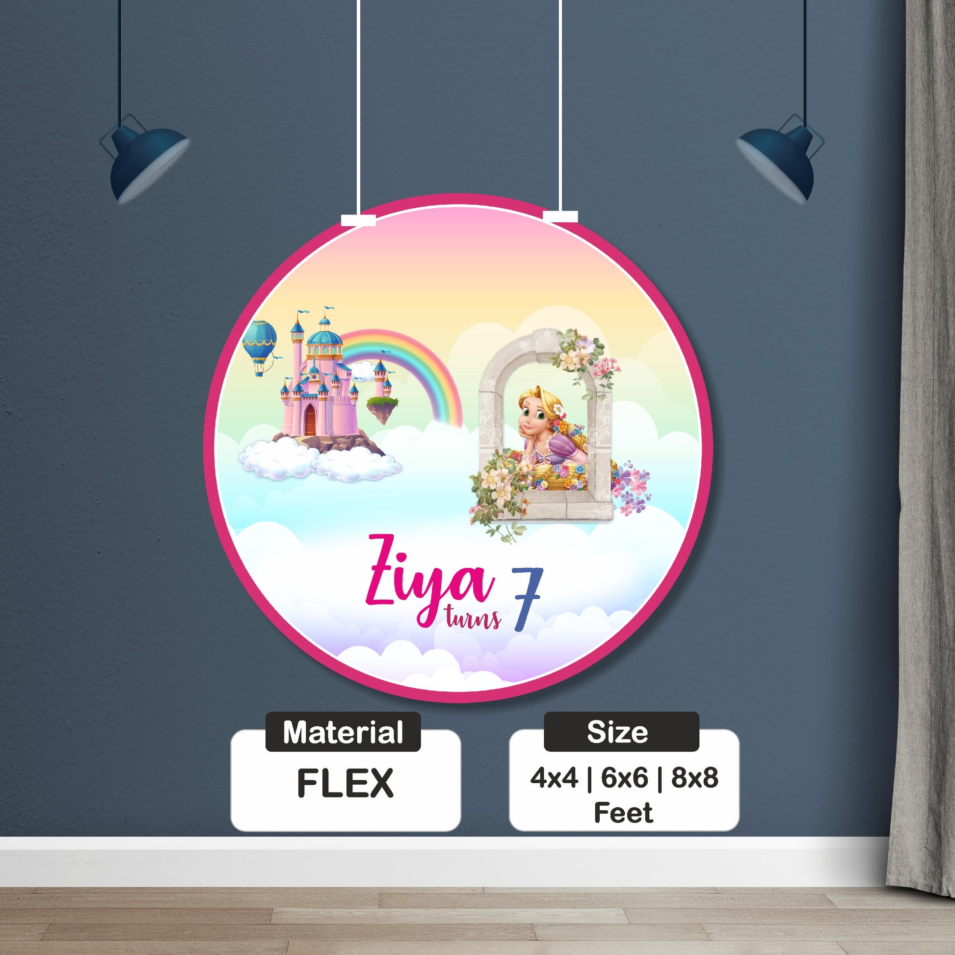 Timeless classic princess theme round birthday backdrop personalized with name and age for photo booth and cake table decoration across India
