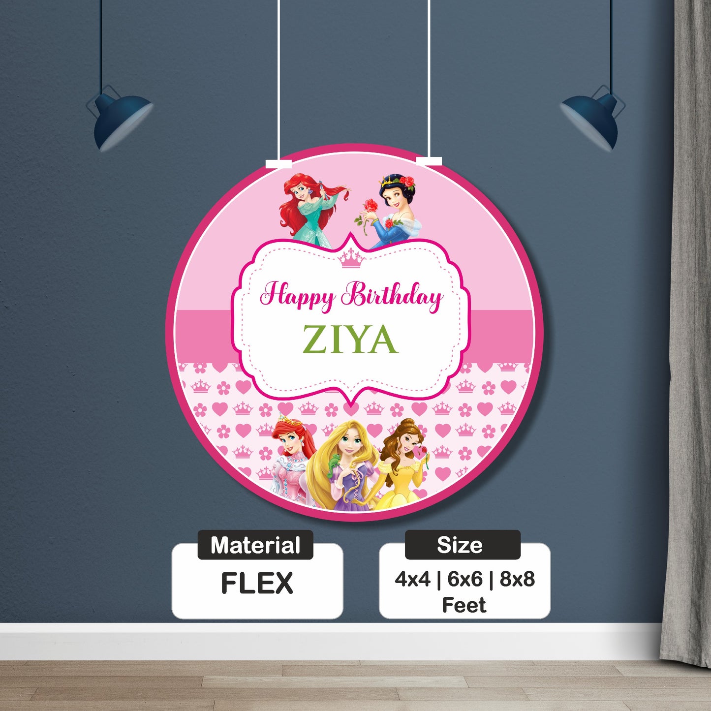 Unique design princess theme round birthday backdrop personalized with baby name for photo booth and cake table decoration across India
