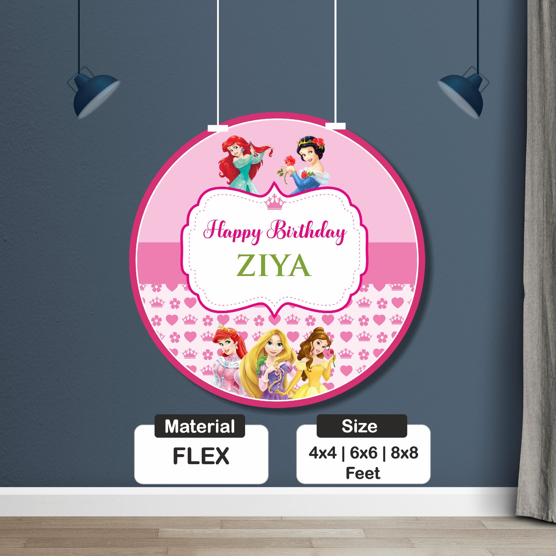 Unique design princess theme round birthday backdrop personalized with baby name for photo booth and cake table decoration across India
