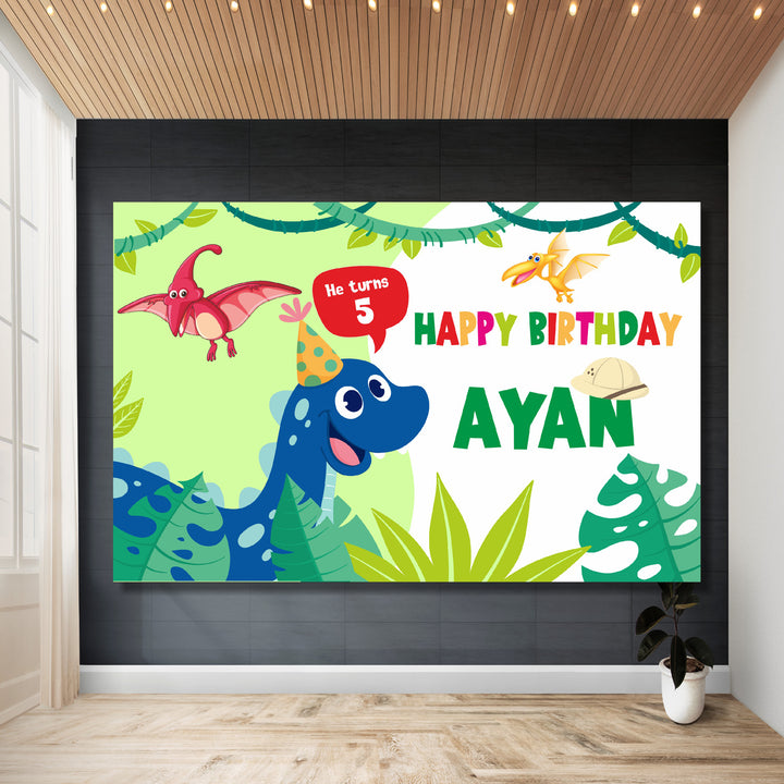 Personalised dinosaur birthday flex backdrop, rectangular party banner in three size options