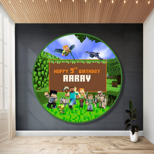 minecraft theme round birthday backdrop banner for kids party