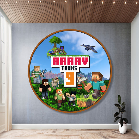 minecraft theme customized round birthday backdrop with name for kids party
