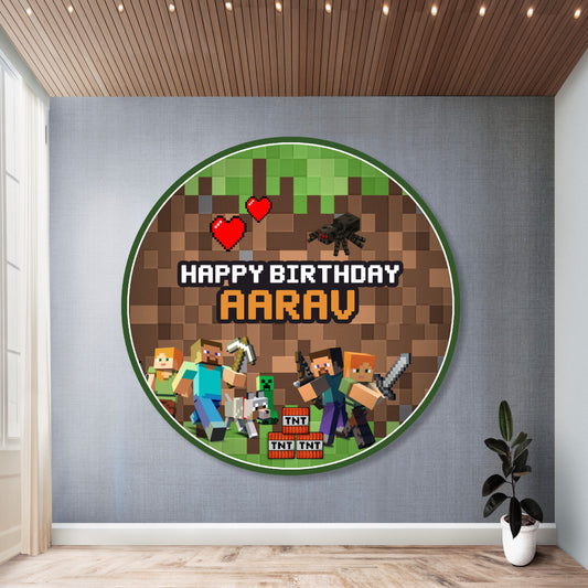 minecraft theme personalized round birthday backdrop with name for kids party