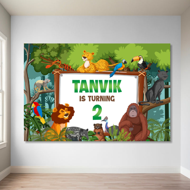jungle theme customized birthday backdrop with name for kids party