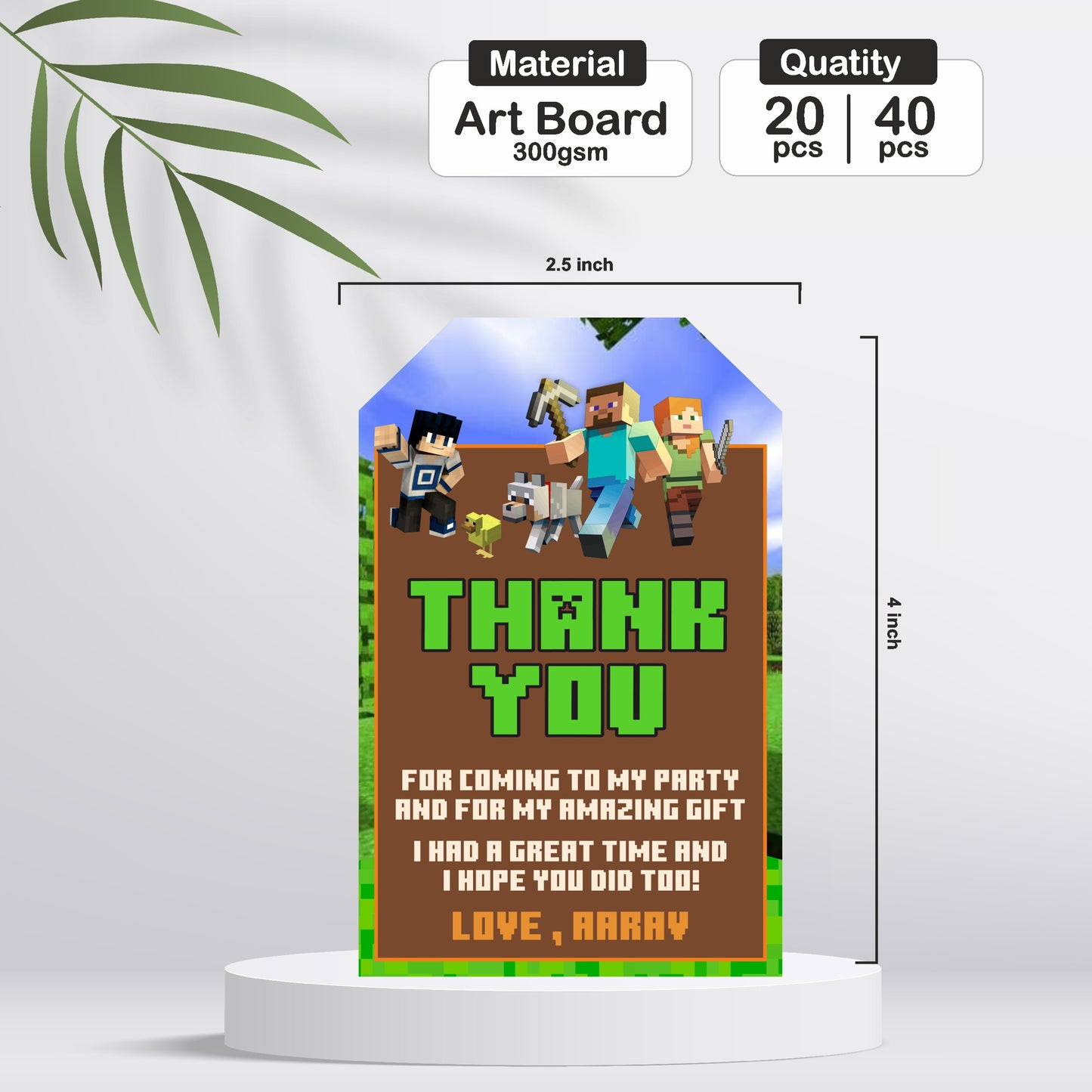Minecraft Birthday Theme Thank You Tag