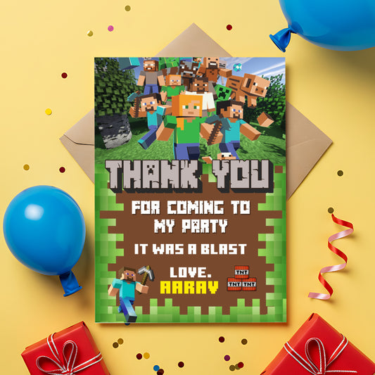 Minecraft Birthday Theme Thank You Card