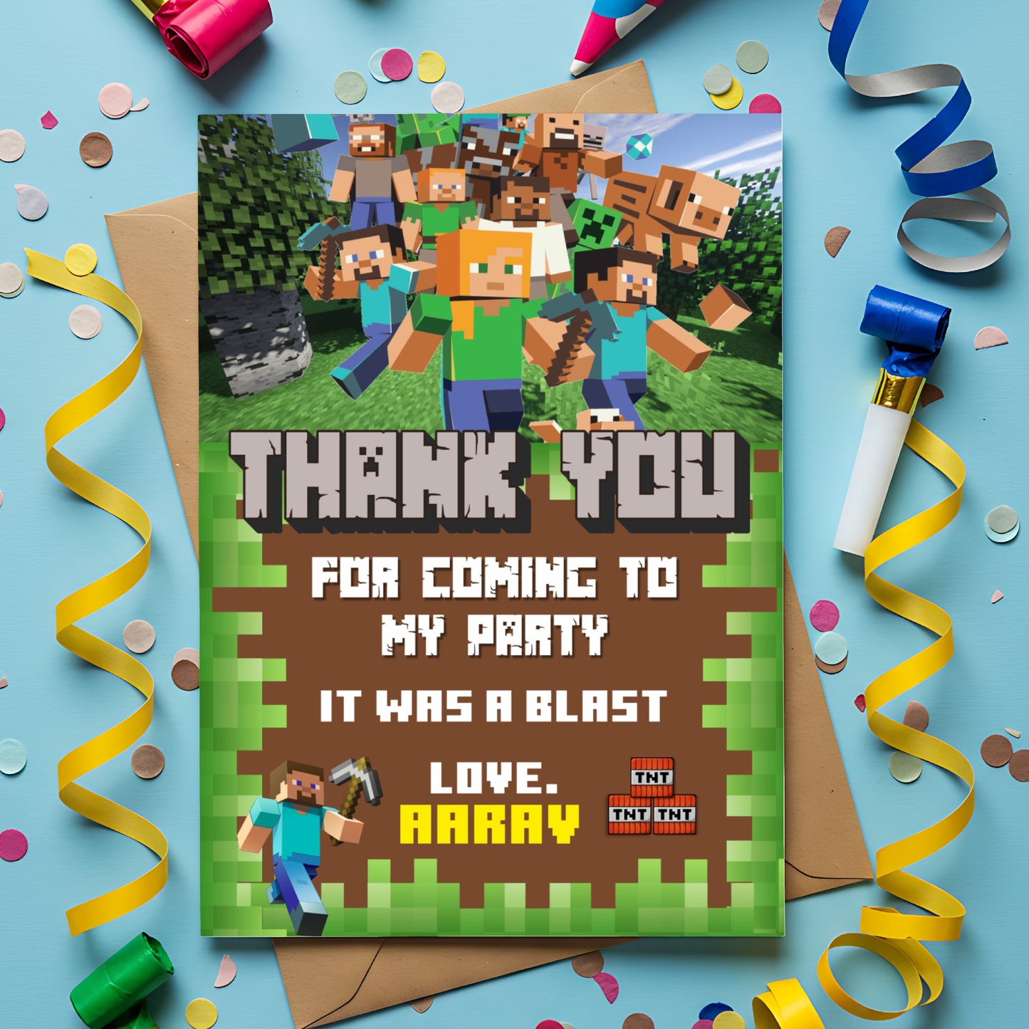 Minecraft Birthday Theme Thank You Card