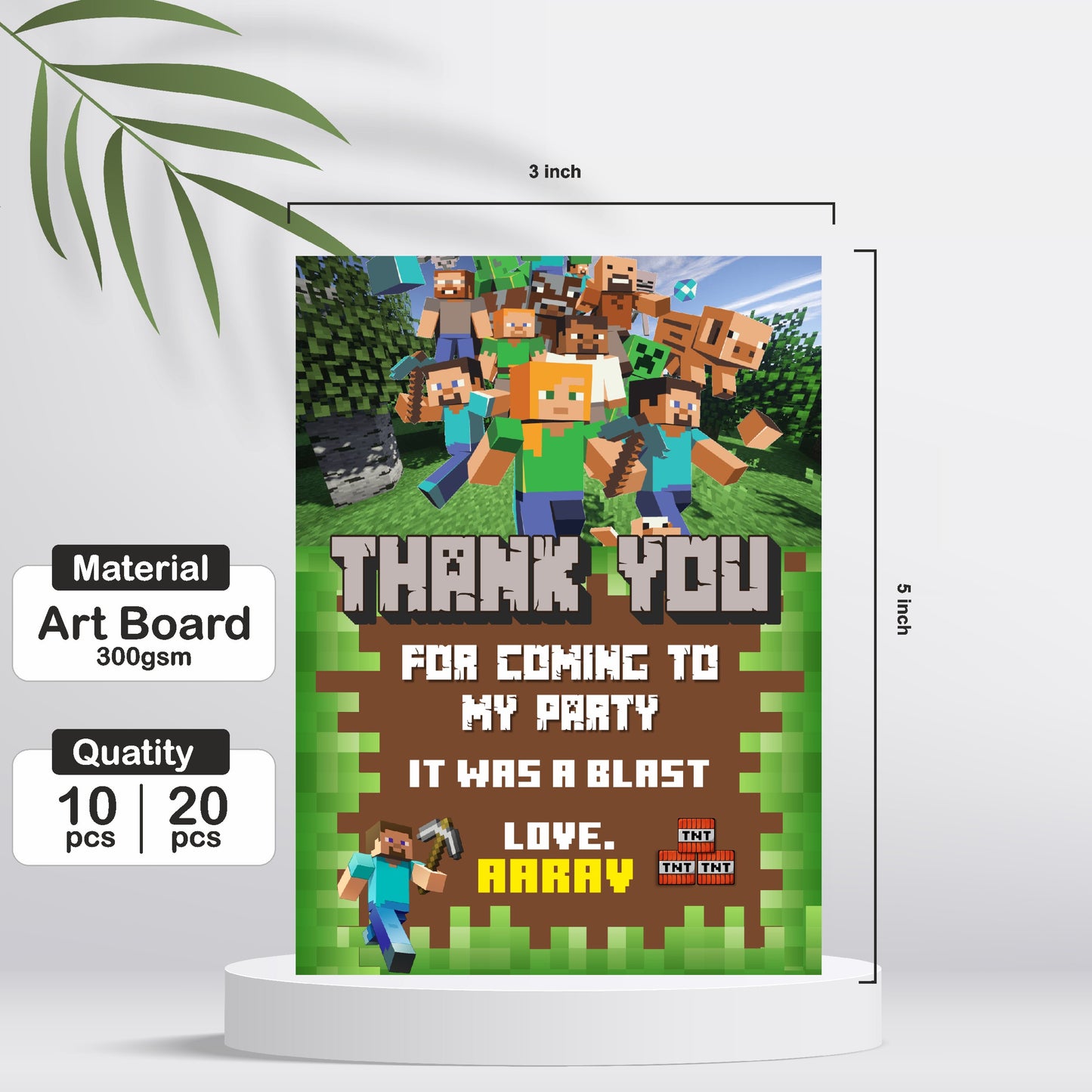 Minecraft Birthday Theme Thank You Card